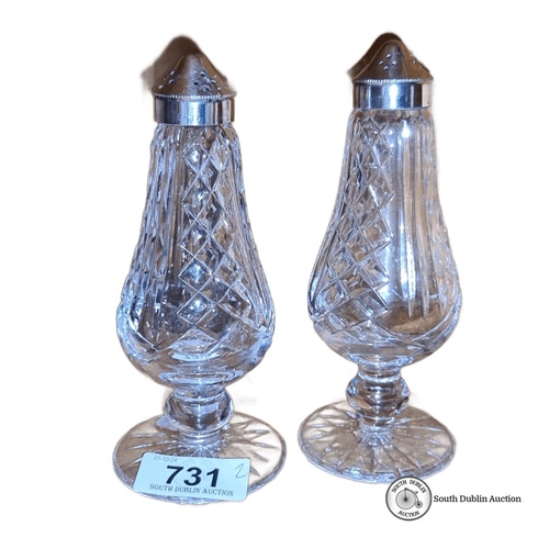 731 - Waterford crystal salt and pepper shakers feature elegant cut glass design and silver-plated tops.