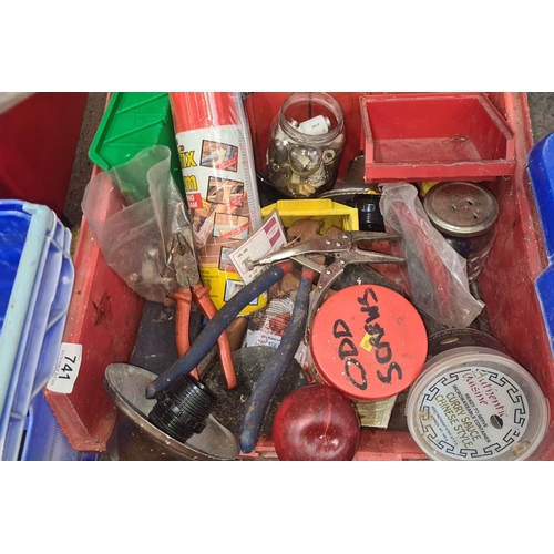 741 - Mixed lot of assorted tools and hardware, including pliers, screws, and connectors in a red storage ... 