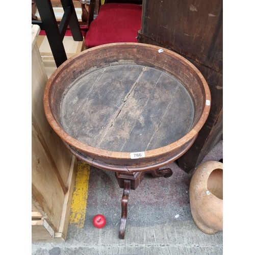 766 - Star Lot : Rustic wooden round table featuring hand-painted hunting scenes, supported by a tripod pe... 