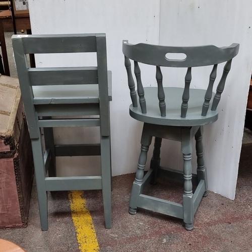 789 - Pair of gray-painted wooden high stools , featuring a ladder back and a spindle-backed stool with fo... 