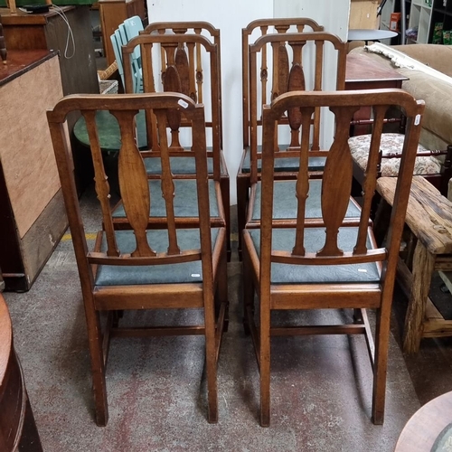 792 - Star Lot : Set of Six Arts and Crafts oak dining chairs with decorative backrests and faux leather s... 