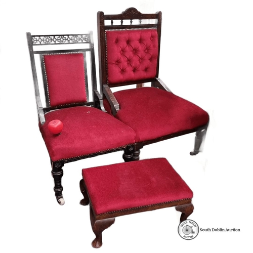 796 - Two Victorian parlor chairs with red upholstery and carved wood details. Includes matching footstool... 