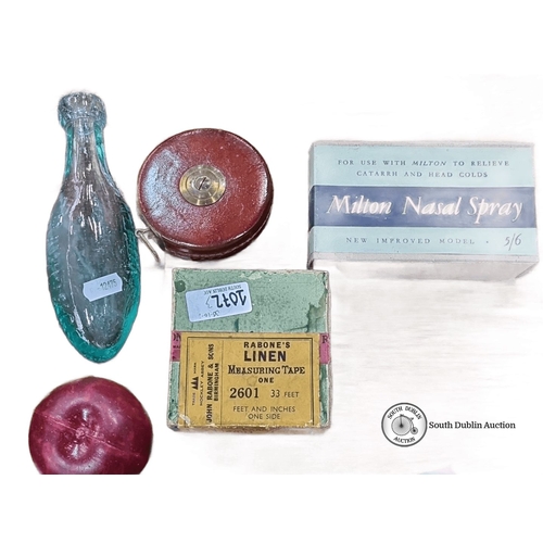 1072 - Mixed vintage collectibles including Rabone's linen tape measure, Milton nasal spray box and a rawli... 