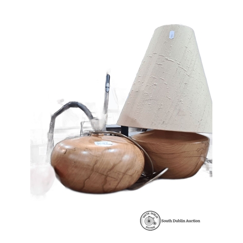 1088 - Pair of wooden turned table lamps feature a natural grain pattern and cylindrical design with cream ... 