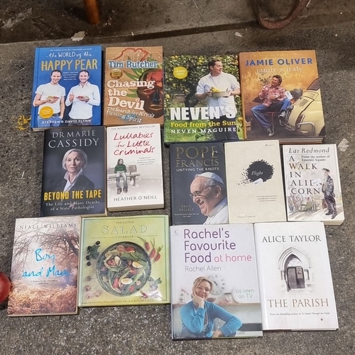 Collection of 12 books, including "The World of the Happy Pear," "Jamie’s Italy" by Jamie Oliver, "Beyond the Tape" by Dr. Marie Cassidy, and more. Various genres.