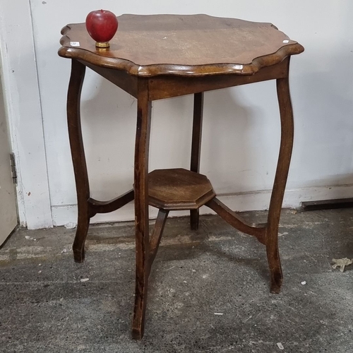 1256 - Vintage oak side table with scalloped edges and cabriole legs, featuring a hexagonal lower shelf. Fr... 