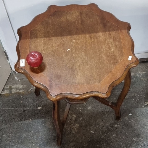 1256 - Vintage oak side table with scalloped edges and cabriole legs, featuring a hexagonal lower shelf. Fr... 