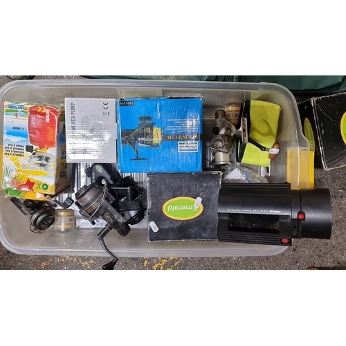 1264 - Mixed lot of fishing equipment and accessories, including Emerald fishing reels and battery powered ... 