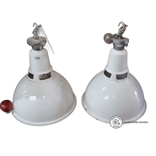 1268 - Star Lot : A fabulous large original Pair of vintage industrial white enamel pendant lights with met... 