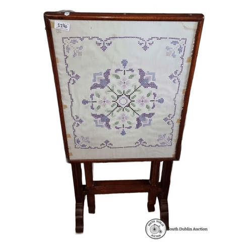 1270 - Victorian mahogany firescreen and table with floral needlepoint design, featuring purple and pastel ... 