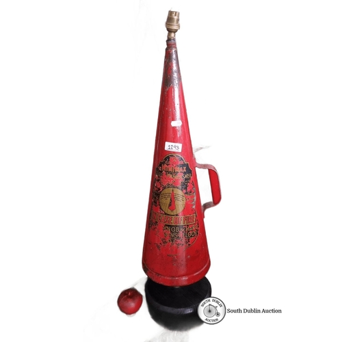 1293 - Antique Minimax fire extinguisher repurposed as a lamp, featuring red painted metal with a distincti... 