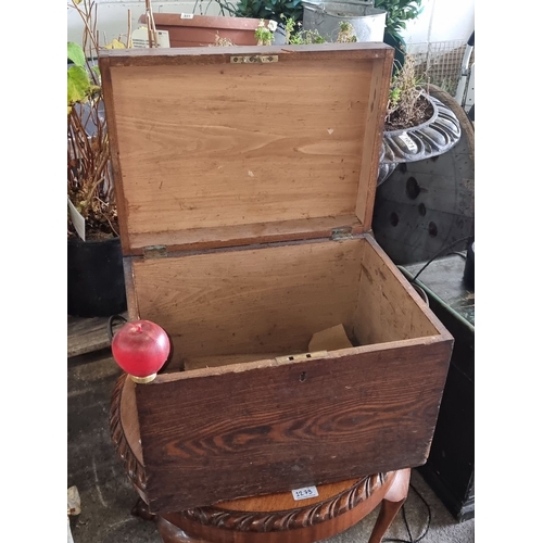 1295 - Antique wooden storage box with hinged lid, featuring rich wood grain and timeless design.