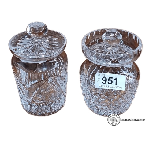 951 - Pair of Waterford  crystal preserve jars with lids. Feature elegant diamond and starburst patterns. ... 