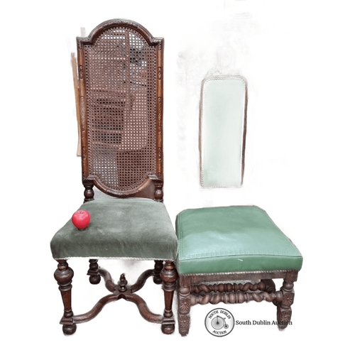 954 - Two antique wooden chairs, one has a caned back and green velvet seat, the other has an intricately ... 