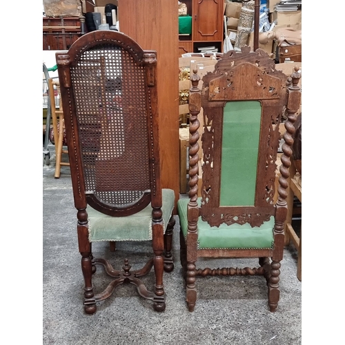 954 - Two antique wooden chairs, one has a caned back and green velvet seat, the other has an intricately ... 