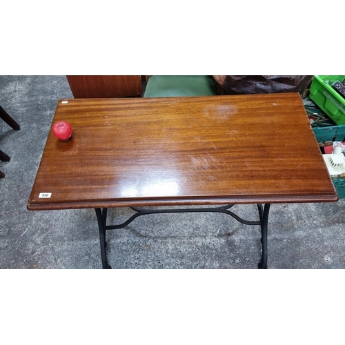 956 - Star lot : Vintage industrial table with polished wood top and sturdy cast iron base. Lovely piece v... 