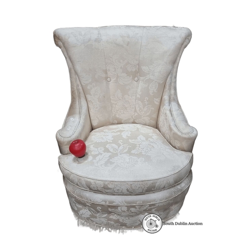 959 - Floral-patterned damask upholstered armchair with button tufting and fringe trim, from the mid-centu... 