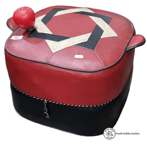 961 - Retro leather ottoman features a geometric pattern in red, black, and beige. It is square-shaped wit... 