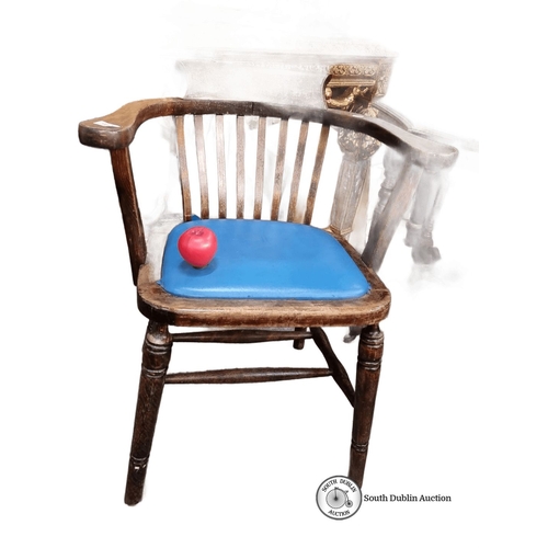 962 - Antique wooden captains chair with spindle back and turned legs, featuring a blue cushioned seat. Oa... 