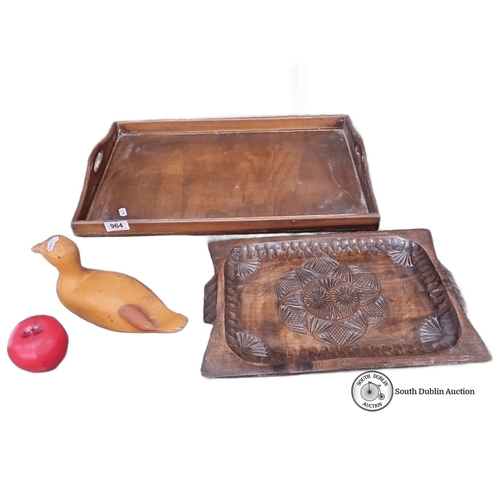 964 - Hand-carved wooden tray showcases intricate geometric floral patterns. The set includes an additiona... 