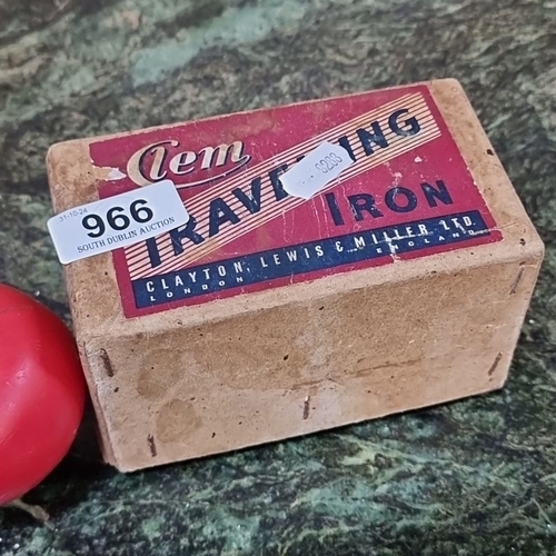 966 - Vintage Clem travelling iron with original box, 200/250 volts. Manufactured by Clayton, Lewis & Mill... 