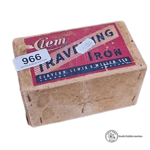 966 - Vintage Clem travelling iron with original box, 200/250 volts. Manufactured by Clayton, Lewis & Mill... 