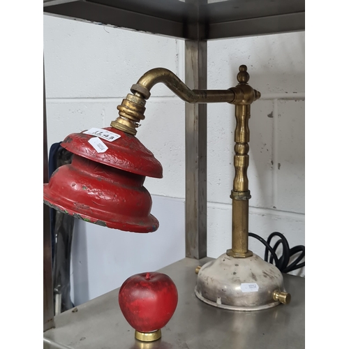 1143 - An unusual brass valve pipe converted in a stylish industrial style table lamp with enamel shade and... 