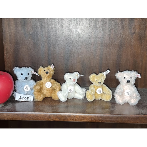 1205 - Five miniature original Steiff bears including a 2005 baby blue example and a 2001 white example. RR... 