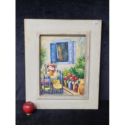 1215 - A delightful original oil on canvas painting. Features a summer outdoor scene with flowers. Rendered... 