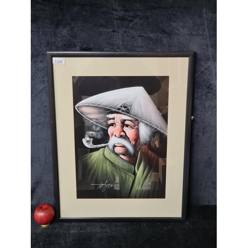 1233 - An original chalk pastel on paper painting. Features a portrait of a traditional Vietnamese elderly ... 