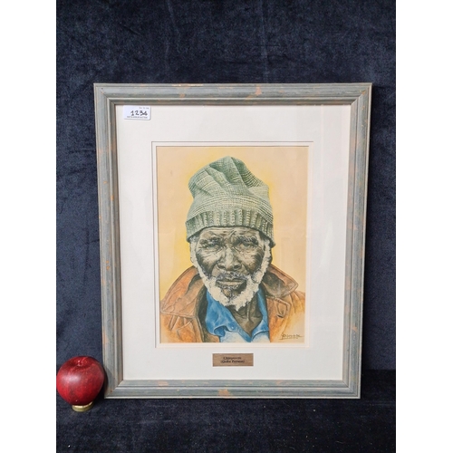 1234 - A print after an original painting titled 'Chinyerere, Quite person'. Housed in a teal blue wooden f... 