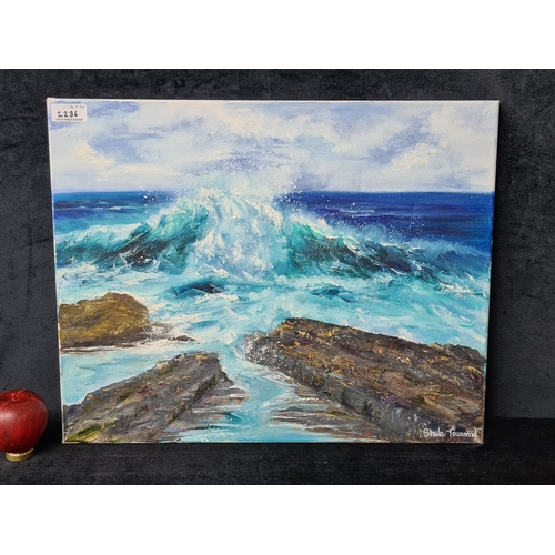 1236 - An energetic original 'Sheila Townsend' oil on canvas painting titled 'Seascape'. Features the titul... 