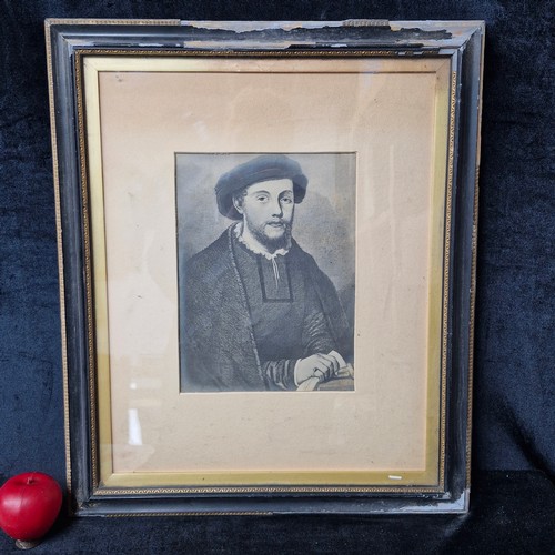 1224 - An antique print featuring a portrait of 'George Wishart'. Housed in a wooden gilt frame behind glas... 