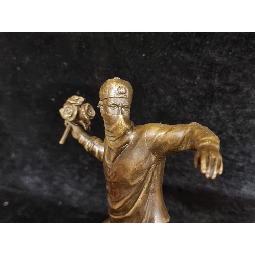 268 - Star Lot : A heavy bronze sculpture. Features 'Banksy Flower Thrower'. Mounted on marble. Initialed ... 