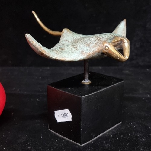 302 - Star Lot : A fabulous bronze sculpture of a manta ray mounted on a matte black plinth. Beautiful det... 