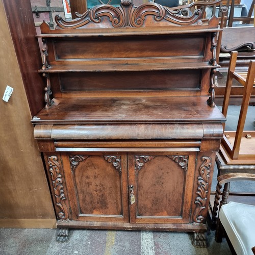 815 - Star lot : An Irish mid 19th century antique elaborate sideboard with lion paw feet, one pull out dr... 