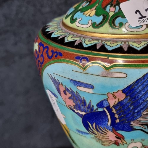 1128 - Star Lot :  A fabulous stunning enameled brass cloisonne Japanese vase with stand. In excellent cond... 