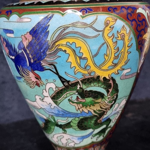 1128 - Star Lot :  A fabulous stunning enameled brass cloisonne Japanese vase with stand. In excellent cond... 