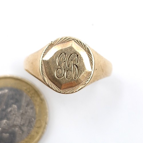 186 - Star Lot : A nine carat gold antique signet ring. Size - P 1/2. Weight - 5.7 grams. Boxed.