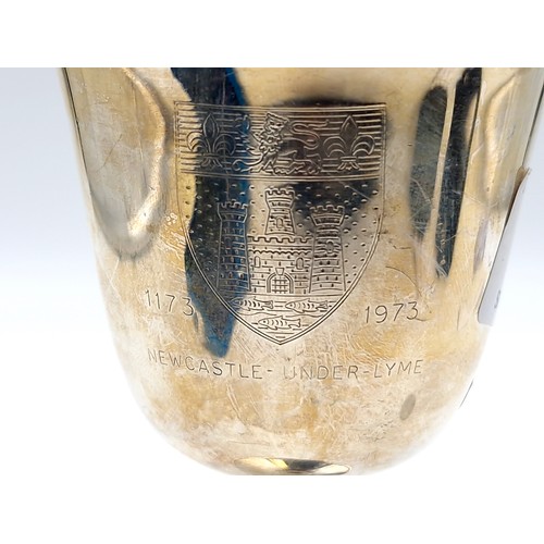 518 - A vintage sterling silver Cusack cup with inscription of Newcastle- under- Lyme and crest. Hallmarks... 