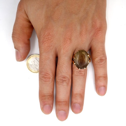 1058 - Star Lot : A very heavy fine quality nine carat gold (375) smoky quartz stone ring set in a crown cl... 