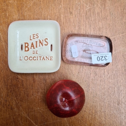 320 - Ceramic L'Occitane soap dish, vintage Belfast Ropework glass paperweight, and red glass apple orname... 