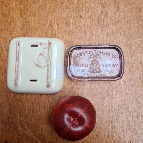 320 - Ceramic L'Occitane soap dish, vintage Belfast Ropework glass paperweight, and red glass apple orname... 