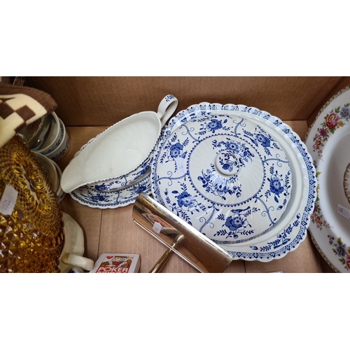 328 - Mixed lot of porcelain dishes, including blue floral-patterned serving dish and lids, floral plates,... 