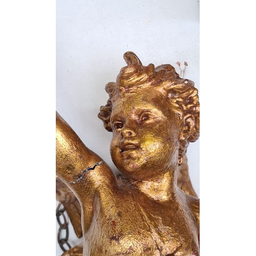 335 - Star Lot : A fabulous Antique 1920s Gilded cherub light fixture with frosted glass flower elements.