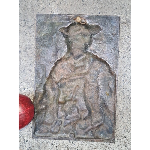 349 - A very heavy Bronze relief sculpture depicts a man in period attire with a hat and distinctive moust... 