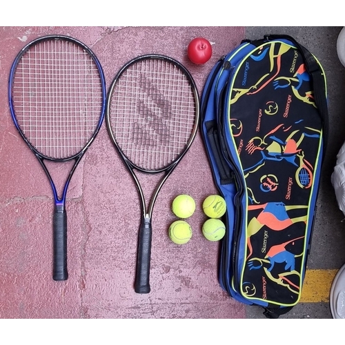 363 - Slazenger tennis set includes two rackets, three balls, and a vibrant racket bag with abstract desig... 