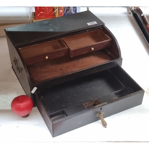 376 - Victorian mahogany roll-top stationery box, featuring brass keyhole and multiple interior compartmen... 