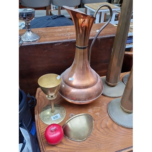 430 - Copper and brass set with pitcher, Communion chalice and a hold water font.