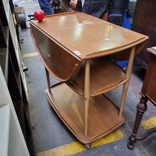 432 - Mid-Century Modern oak drop-leaf serving trolley with two shelves on casters, from the 1960s.